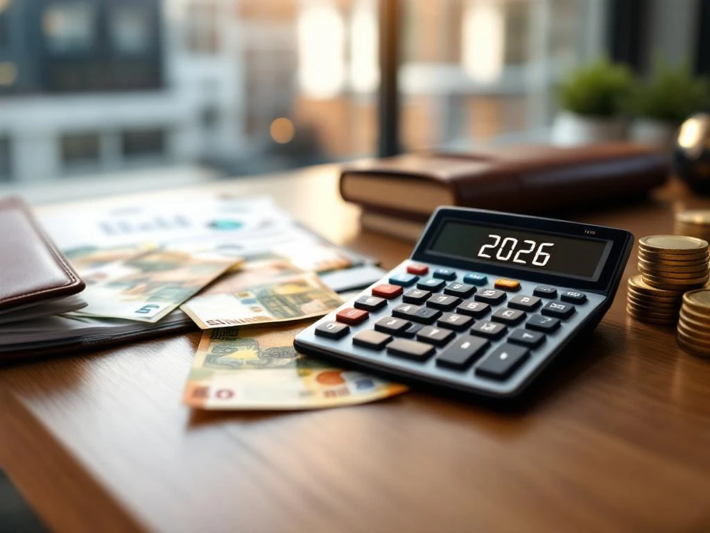 Rekenmachine toont "2026" op houten bureau met eurobiljetten en salarisgrafieken, kantooromgeving Amsterdam