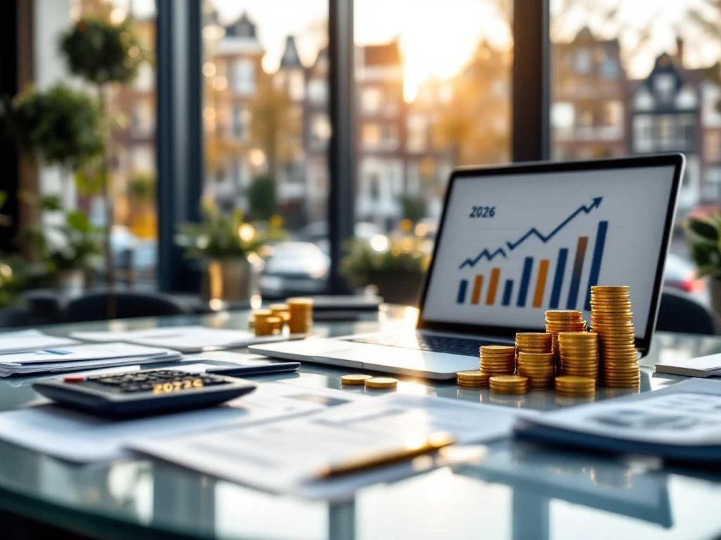 Moderne kantooromgeving met laptop die stijgende salarisgrafiek toont, calculator met "2026", en Amsterdamse grachten op achtergrond