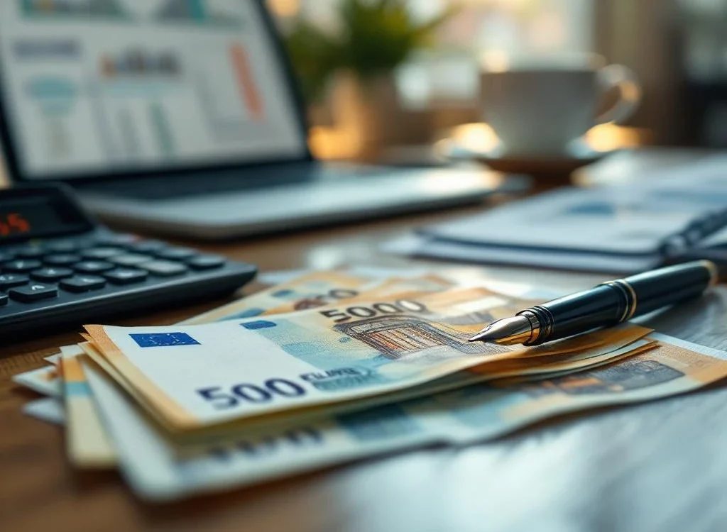 Euro bankbiljetten uitgespreid op houten bureau met rekenmachine, pen en laptop voor salaris onderhandeling