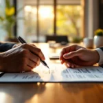 Twee professionele handen tijdens salarisonderhandeling aan houten vergadertafel met pen en documenten