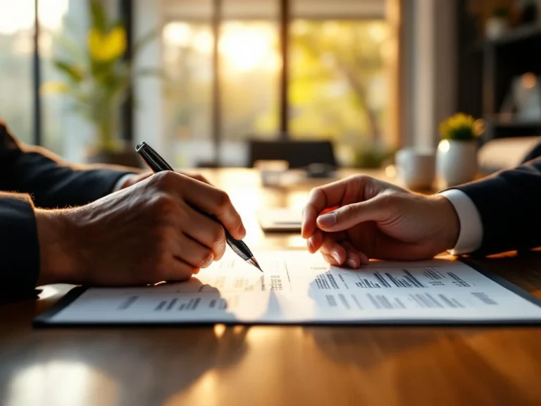 Twee professionele handen tijdens salarisonderhandeling aan houten vergadertafel met pen en documenten