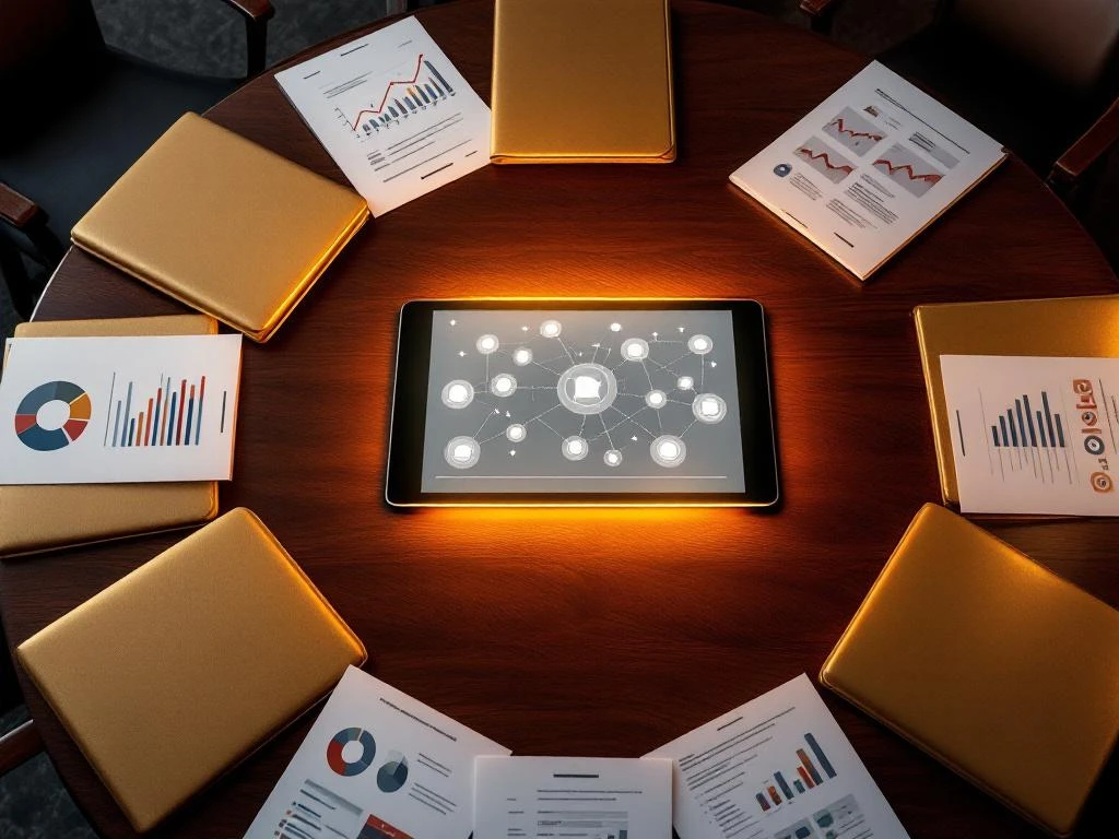 Luchtfoto van mahonie vergadertafel met gouden portfoliomappen rond tablet met netwerkdiagrammen en strategische documenten