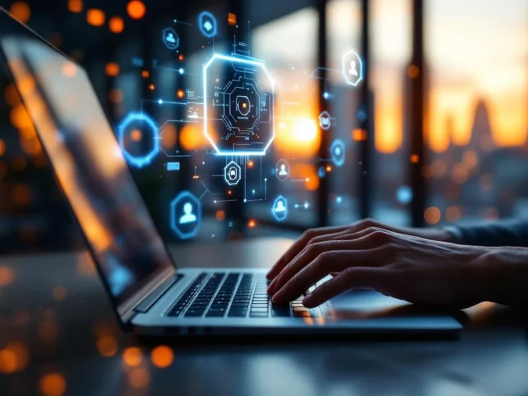 Handen typen op laptop met holografische tech-iconen en recruitmentdata in modern Amsterdam kantoor bij zonsondergang