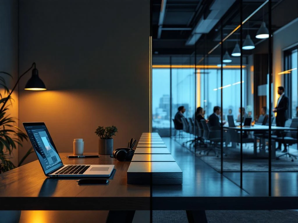 Moderne thuiswerkplek met laptop tegenover traditioneel kantoor, verbonden door symbolische brug voor werklocatiekeuze