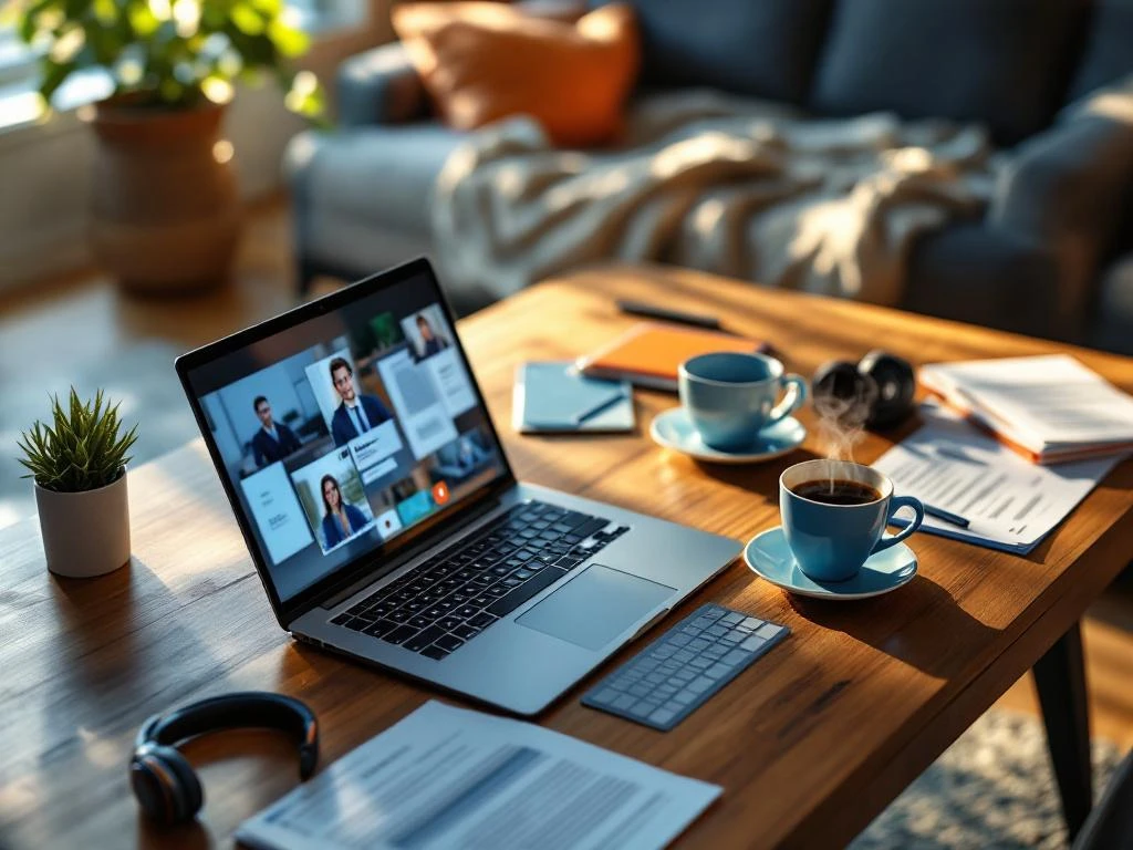Luchtfoto van moderne thuiswerkplek met laptop, videogesprek, koptelefoon, koffie en cv-documenten op houten bureau