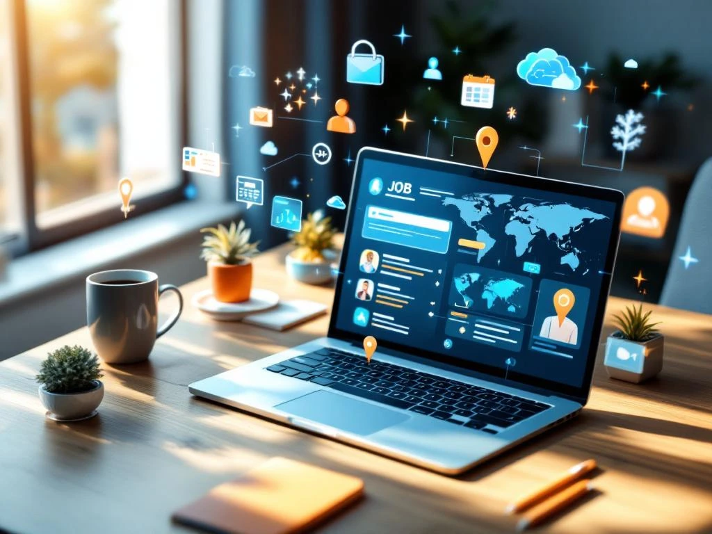 Laptop met vacaturezoekinterface op houten bureau met holografische remote work iconen en wereldkaart in modern kantoor