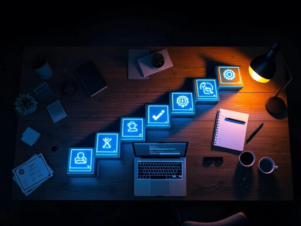 Houten bureau met zeven gloeiende vaardigheidspictogrammen in trapvorm, laptop met vacaturesite en certificaten