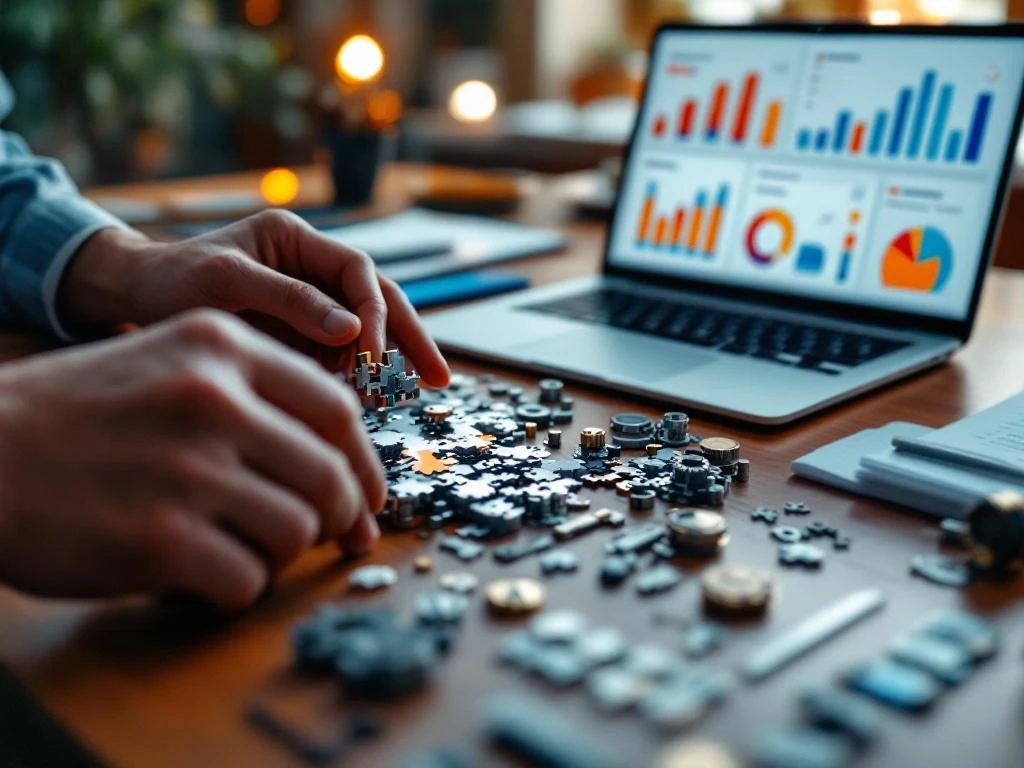 Handen assembleren mechanische puzzel op houten bureau met laptop, certificaten en vaardigheidsbadges op achtergrond