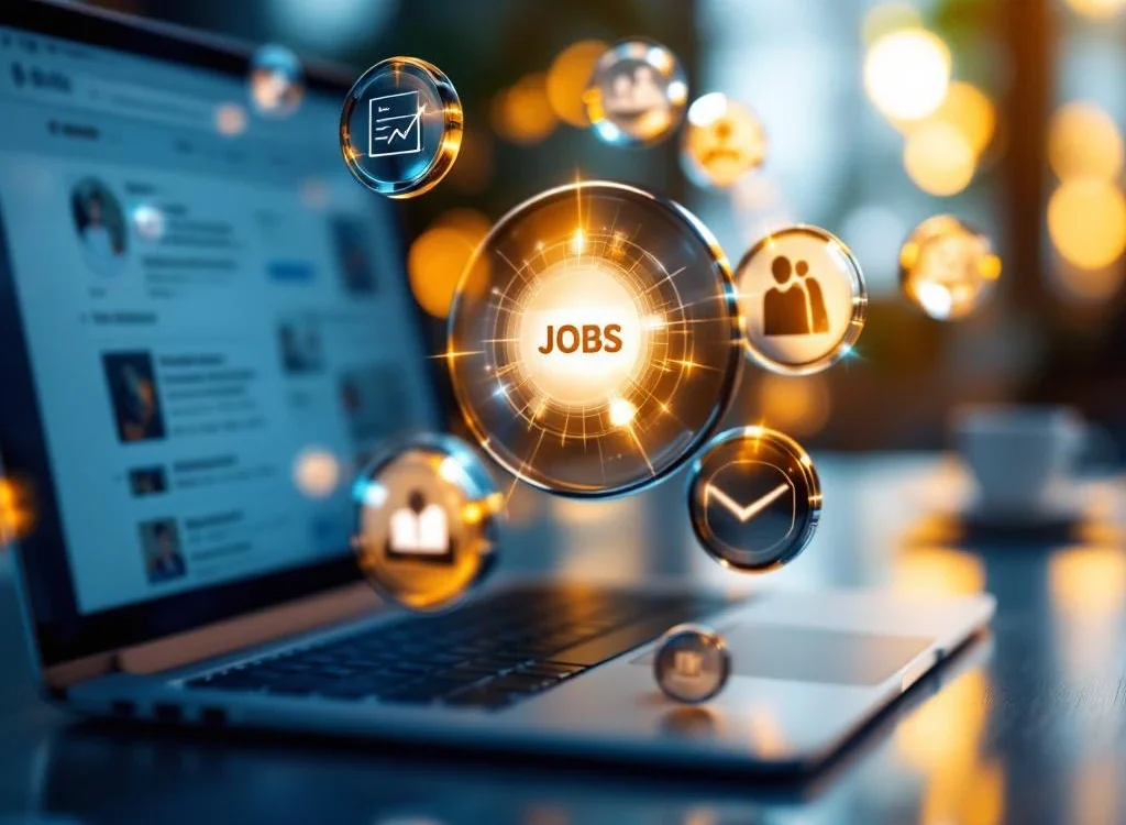 Zeven glanzende metalen vaardigheidspictogrammen zweven boven laptop met vacatures in modern kantoor met gouden verlichting