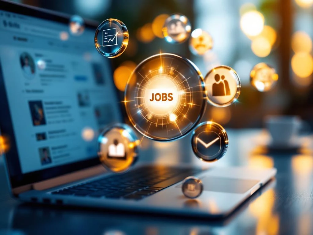 Zeven glanzende metalen vaardigheidspictogrammen zweven boven laptop met vacatures in modern kantoor met gouden verlichting