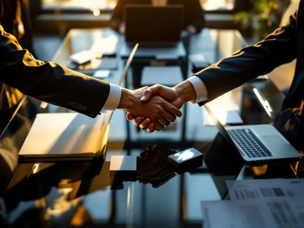 Zakelijke handdrukken boven glazen vergadertafel met laptops en contracten in modern Amsterdam kantoor