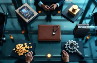 Glazen vergadertafel met sectorsymbolen: circuit, stethoscoop, munten, tandwiel en tassen rond leren portfolio
