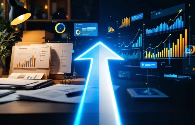 Professionele carrièretransformatie van accountmanagement naar sales met bureau, grafieken en pijl die groei symboliseert