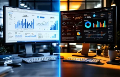 Gesplitste weergave van twee professionele werkruimtes: accountmanagement met grafieken links, klantsucces dashboards rechts