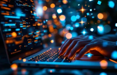 Handen typen op laptop met holografische AI-netwerk patronen en gloeiende code boven het scherm in moderne werkruimte