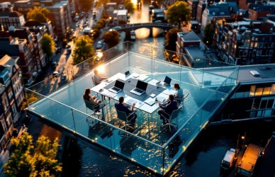 Luchtfoto van Amsterdamse grachten met moderne kantoren en glazen conferentietafel boven het water bij gouden uur