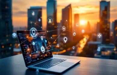 Laptop met netwerkgrafiek en holografische remote work iconen met Amsterdam zakenwijk op achtergrond tijdens gouden uur