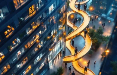 Modern glazen kantoorgebouw met gouden paden die naar de ingang leiden, verlichte ramen tonen vacatures