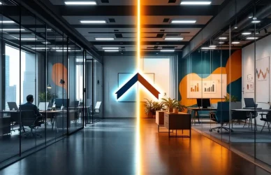 Split-screen vergelijking van traditioneel kantoor met grijze tinten en modern consultancy kantoor met warme kleuren