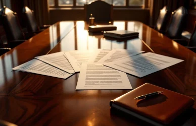 Zeven strategiedocumenten waaiergewijs uitgespreid op mahonie vergadertafel in elegante boardroom met Amsterdam uitzicht