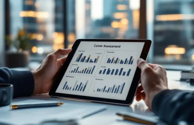 Professionele handen houden tablet vast met loopbaanassessment grafieken op wit bureau, Amsterdam kantoor op achtergrond