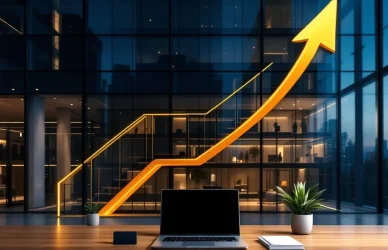 Modern glazen kantoorgebouw met gouden pijl die carrièregroei symboliseert, bureau met laptop en planten op voorgrond