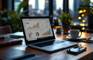 Laptop met carrièregroei grafieken op houten bureau met professionele items, Amsterdam kantoor op achtergrond
