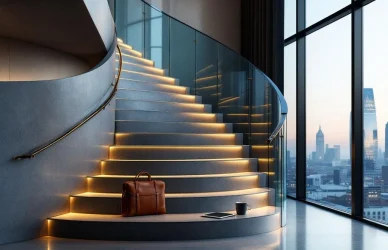 Spiraalvormige betonnen trap met glazen balustrade en LED-verlichting, zakelijke accessoires op treden, Amsterdam skyline op achtergrond