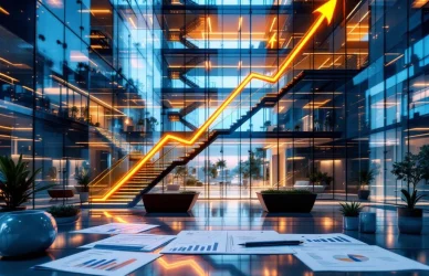 Modern glazen kantoorgebouw van bovenaf met verlichte verdiepingen, gouden pijlen en zakelijke documenten op voorgrond