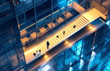 Moderne glazen kantoorgebouw met verlichte verdiepingen en gouden trap die carrièreontwikkeling symboliseert