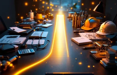 Moderne kantoorruimte met twee carrièrepaden die samenkomen tot één gouden route naar succes, professionele transformatie