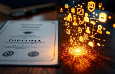 Houten bureau met traditioneel diploma links en gloeiende digitale vaardigheidspictogrammen rechts in professionele kleuren