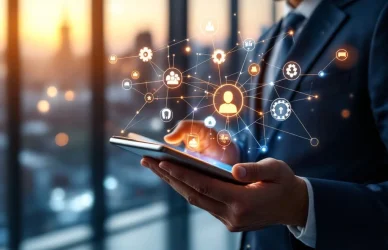 Uitvoerend manager houdt lichtgevende tablet met vaardigheidsiconen vast in modern Amsterdam kantoor tijdens gouden uur