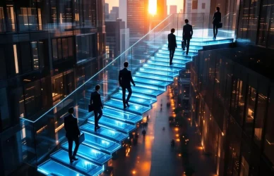 Zeven glazen trappen met blauwe verlichting, zakelijke figuren klimmen omhoog, Amsterdam kantoren op achtergrond