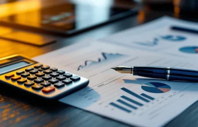 Financiële documenten met stijgende grafieken op bureau met calculator, pen en tablet met bankinterface