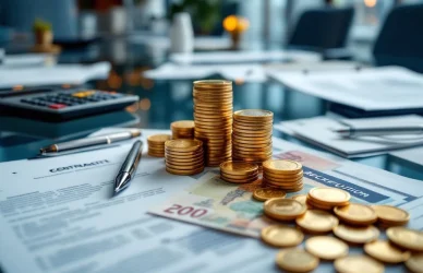 Glazen vergadertafel met financiële documenten, eurobiljetten, munten en zilveren pen in modern kantoor