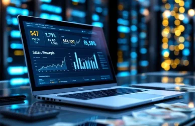 Laptop met financiële grafieken op glazen bureau in moderne IT-kantoor met calculator, smartphone en eurobiljetten