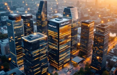 Luchtfoto van Amsterdam zakendistrict met HeadCount kantoorgebouw centraal tussen zeven moderne kantoren in halve cirkel