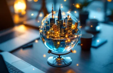Glazen bol op houten bureau met miniatuur kantoorgebouwen uit verschillende landen, verbonden door gouden lichtpaden
