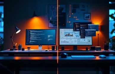 Split-screen vergelijking van junior ontwikkelaar werkplek met enkele monitor versus senior werkstation met meerdere schermen