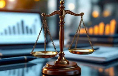 Houten weegschaal van justitie op glazen bureau met laptop die groeigrafiek toont, juridische boeken op achtergrond