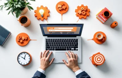 Laptop met vacaturezoekpagina op bureau omringd door zeven objecten die werkvaardigheden symboliseren
