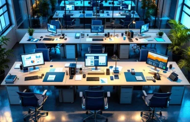 Zeven moderne administratieve werkplekken in professioneel kantoor met computers, archiefkasten en kantoorbenodigdheden