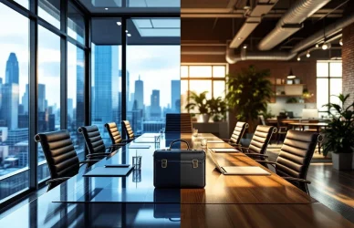 Split-screen kantooromgevingen: formele corporate boardroom links, moderne scale-up werkruimte rechts met laptop centraal