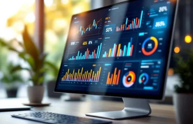Digitaal dashboard met kleurrijke KPI-grafieken en prestatiemeters op computerscherm in moderne kantooromgeving