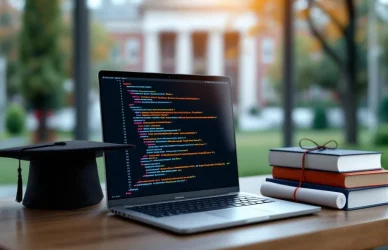 Laptop met kleurrijke code op houten bureau omringd door afstudeerpet, programmeerboeken en diploma met universiteit op achtergrond