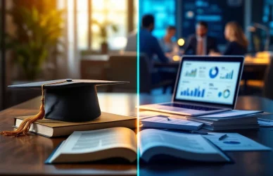 Gesplitste weergave van MBA-onderwijs naar accountmanagement: studieboeken en afstudeerhoed overgaand in moderne kantooromgeving