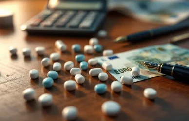 Farmaceutische pillen en capsules op houten bureau met eurobiljetten, rekenmachine en pen voor medicijnkosten