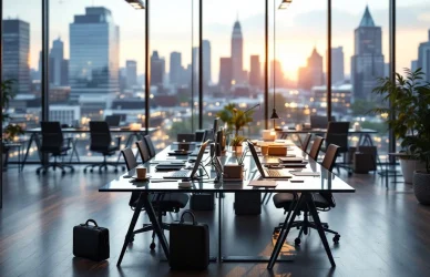 Modern kantoor met glazen bureaus, ergonomische stoelen en laptops, met Amsterdam skyline op achtergrond