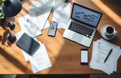 Moderne kantoorwerkplek van bovenaf met laptop, agenda-interface, documenten, koffie en smartphone op houten bureau